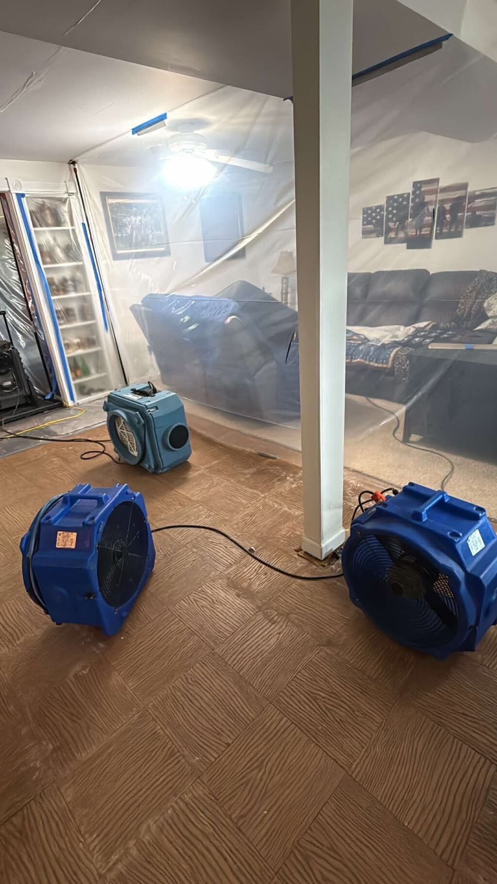 air movers and containment set for structural drying in basement, Woodbridge, VA
