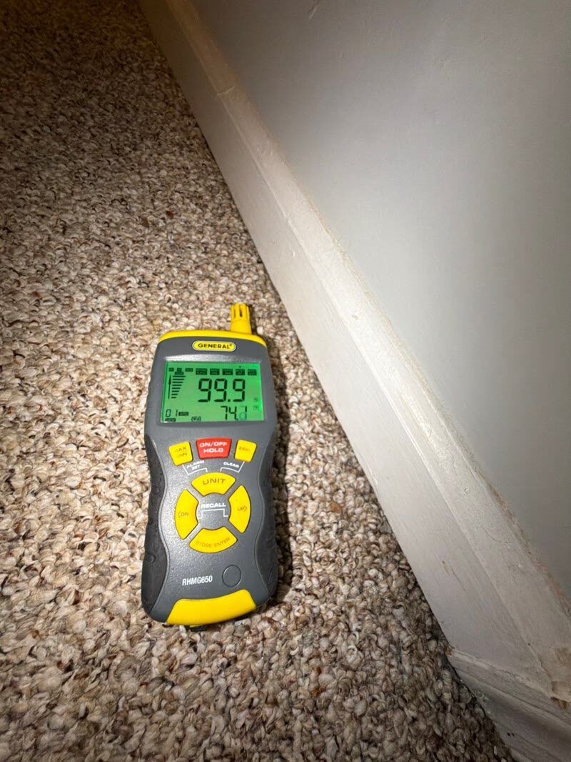 moisture meter reading heavy saturation in carpet, Centreville VA