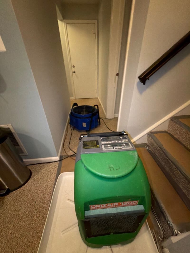 air movers and dehumidifier drying fleet in hallway, Centreville VA