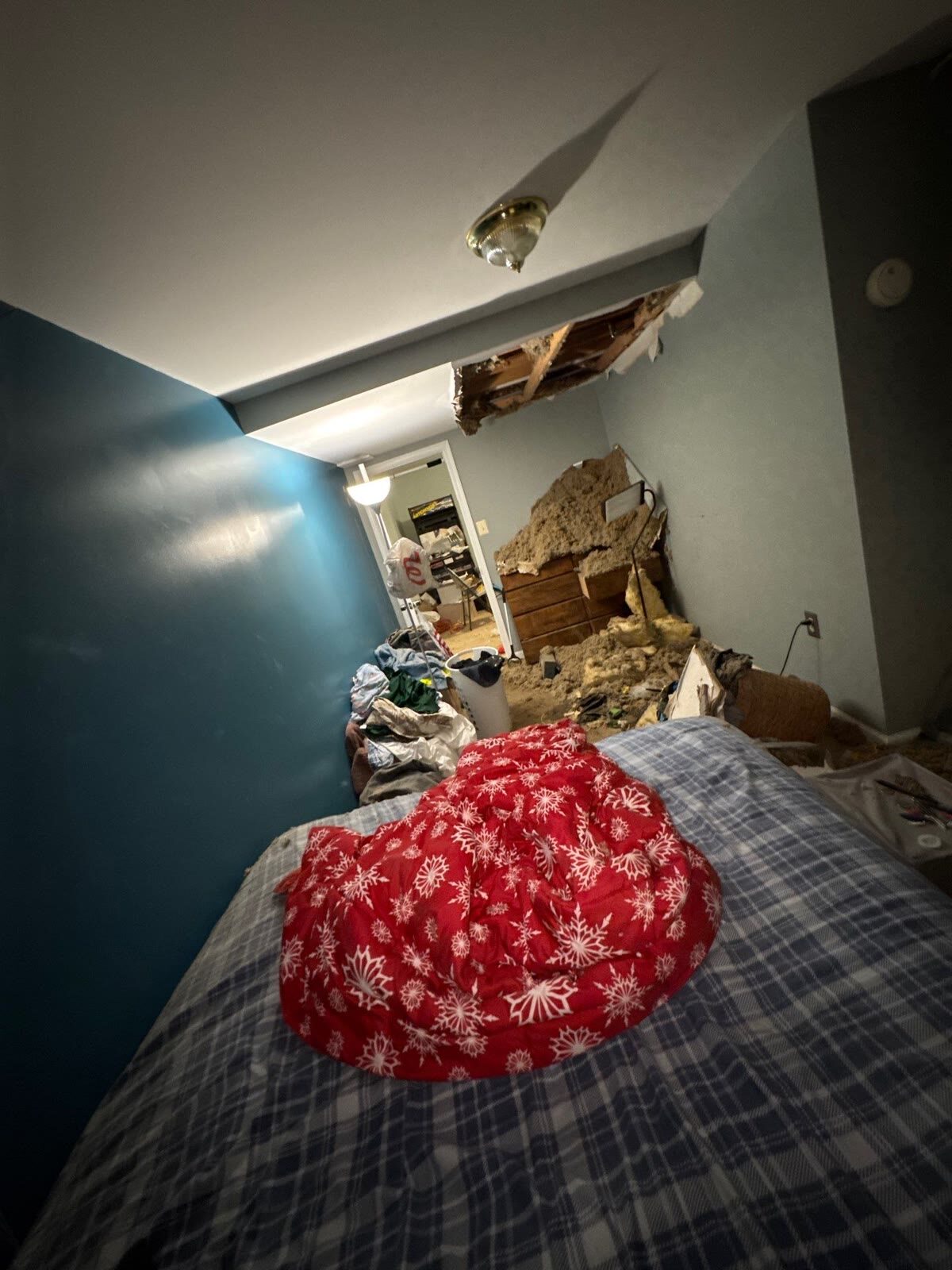 Overhead water damage brought down bedroom ceiling, Woodbridge VA