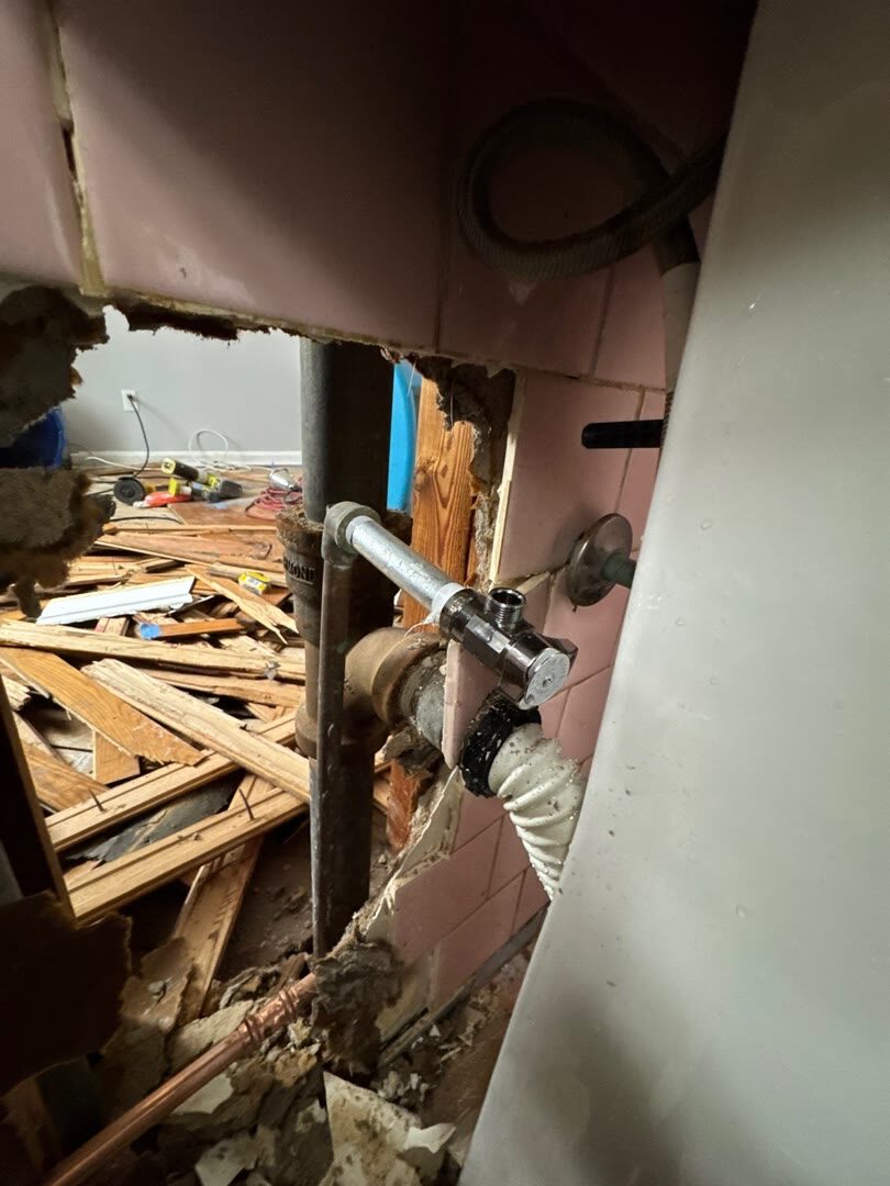 water-damaged wall opened to soaked framing, Arlington VA