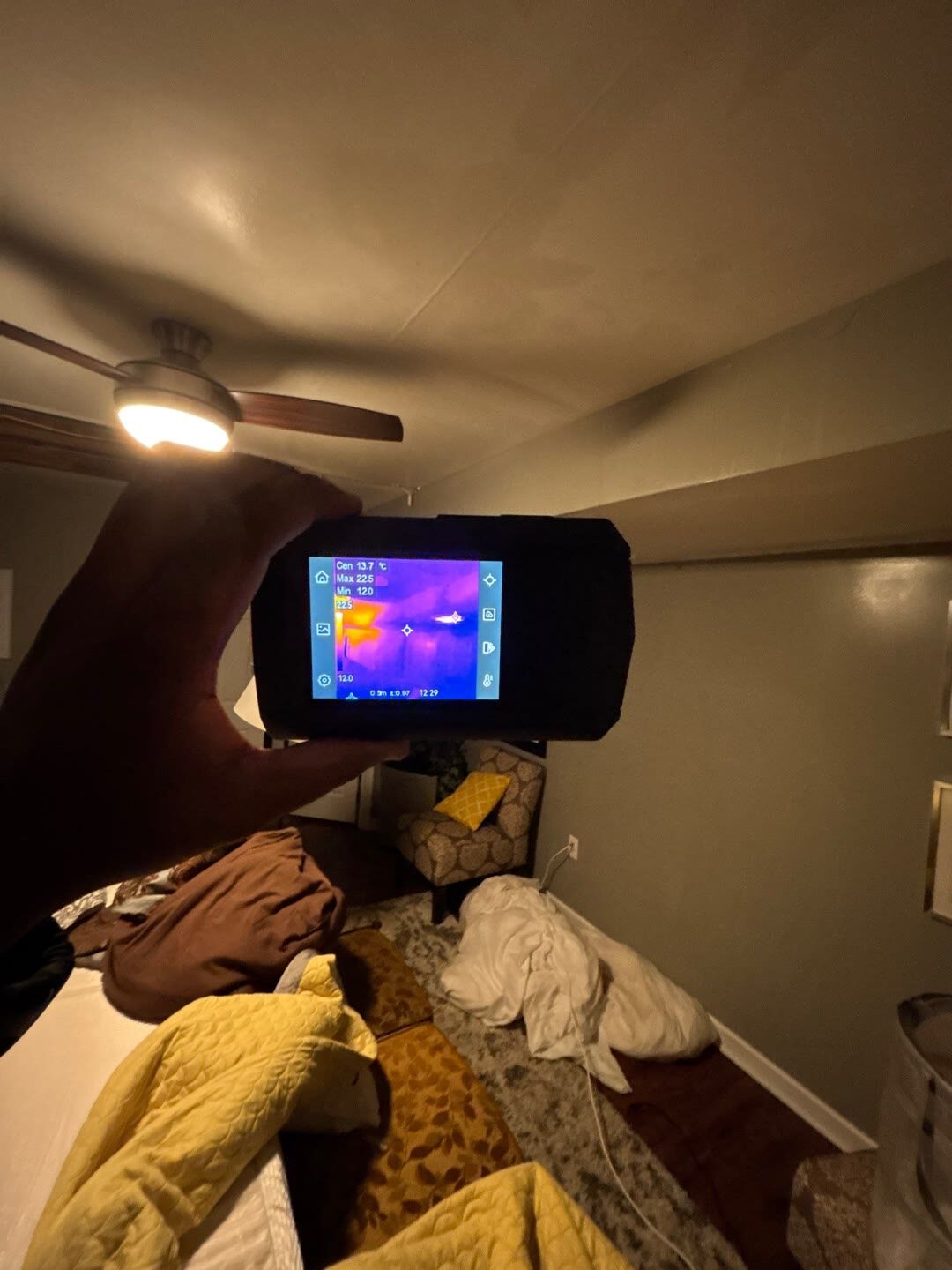 thermal imaging revealing hidden moisture behind a bedroom ceiling, Manassas VA