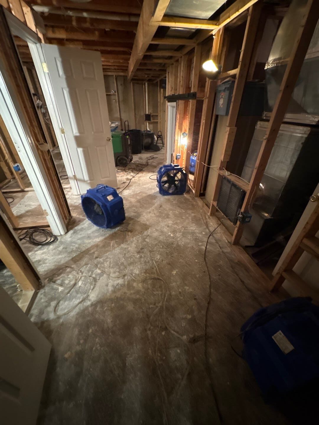 commercial dehumidifier and air movers drying a gutted basement, Manassas VA